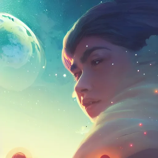 Image similar to a beautiful, powerful woman sitting in space, reaching her hand out toward the camera, emanating magic from her palms, extreme!!!!! closeup image, cgsociety contest winner, illustrated by mike beeple winklemann, greg rutkowski, and gaston bussiere, space art, portrait art, artstation, 4 k, 8 k