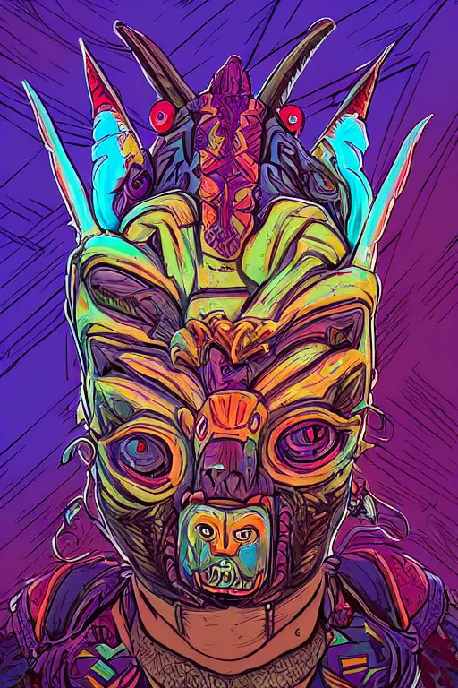 Image similar to totem animal tribal chaman vodoo mask feather gemstone plant wood rock video game illustration vivid color borderlands by josan gonzales and dan mumford radiating a glowing aura