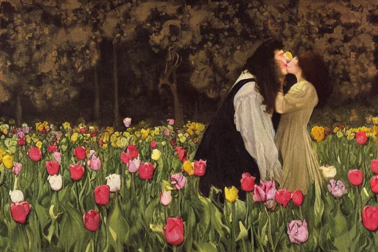 Image similar to hagrid and morticia addams kiss in a field of tulips, masterpiece, highly detailed, oil on canvas, art by walter sickert, john singer sargent, and william open