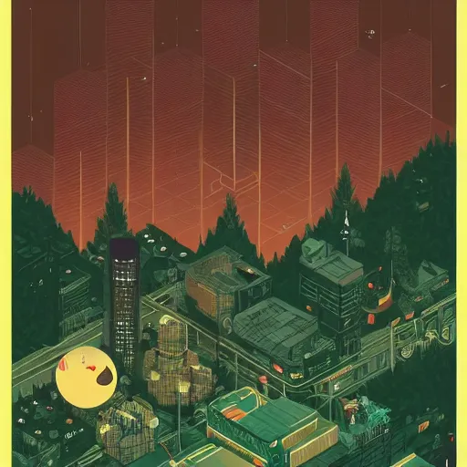 Image similar to Stunning isometric illustration of single cyberpunk explorer overlooking lush forest , highly detailed, midnight, small glowing orbs by Victo Ngai and James Gilleard , Moebius, Laurie Greasley