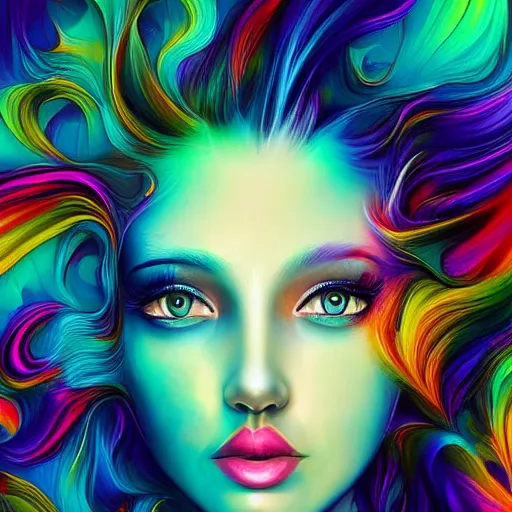 Prompt: ultra detailed digital art painting of a woman's face with colorful hair, digital art by alberto seveso, cyril rolando, behance contest winner, psychedelic art, psychedelic, fractalism, poster art