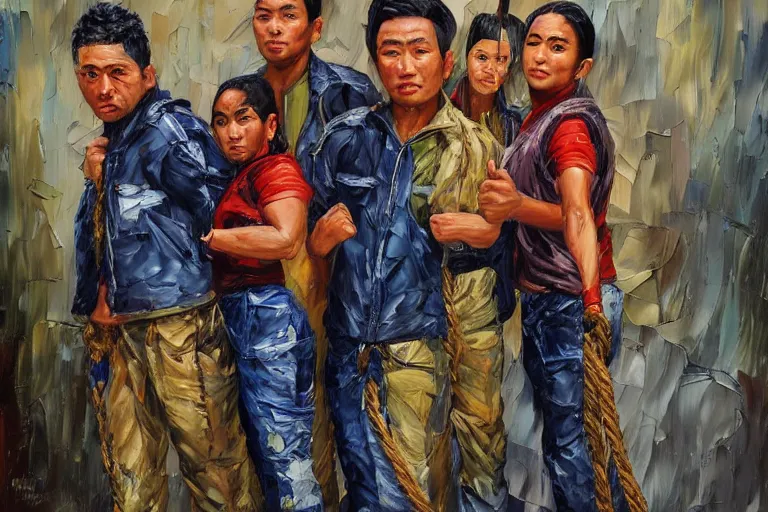 Image similar to palette knife oil painting of the underhand naga gang, a mixed asian gang who wear cargo or cami pants, work boots, and light navy jackets over beige shirts. they wrap their hands in rope and wield smg - tonfa hybrids. extreme detail, artstation trending, artgerm, deviant art, octane, substance, art history 8 k