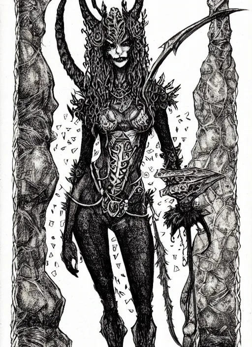 Prompt: cait sidhe as a d & d monster, full body, pen - and - ink illustration, etching, by russ nicholson, david a trampier, larry elmore, 1 9 8 1, hq scan, intricate details, inside stylized border