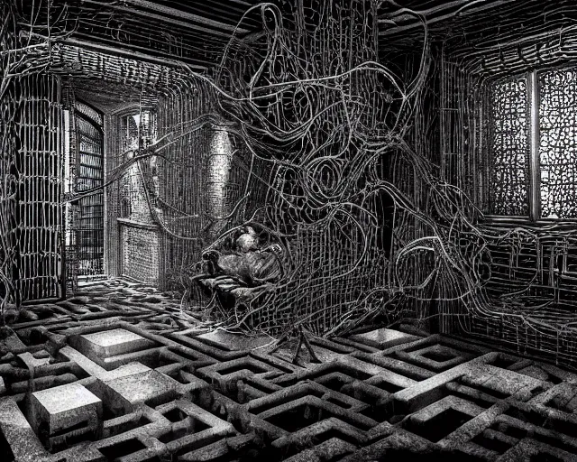 Image similar to Ghosts In A Dark Void Of Infinite Strange Mazes and Illusions, octane render, Bokeh, HDR, HR Giger Moebius Yasushi Nirasawa MC Escher Style, photorealistic, volumetric lighting, Hyperrealistic-H 960