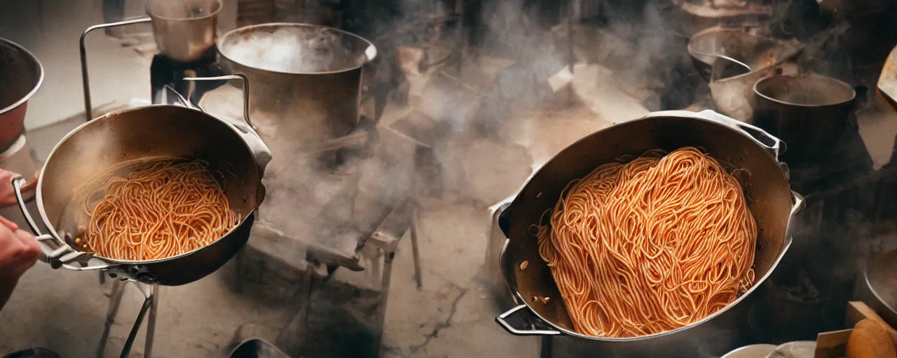 Image similar to medium shot of spaghetti being cooked in a large pot, minimal, sharply focused, canon 5 0 mm, wes anderson film, kodachrome