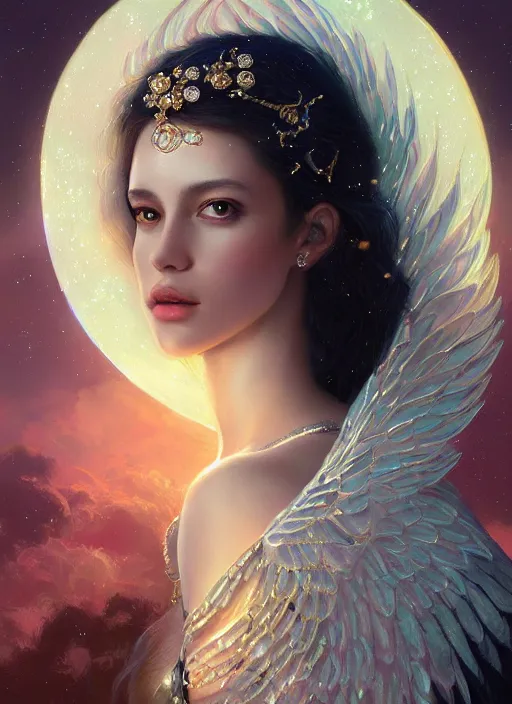 Image similar to A beautiful digital painting of a female angel full of jewels, princess, the moon behind her, intricate, cinematic lighting, highly detailed, digital painting, Artstation, concept art, smooth, sharp focus, illustration, art by Tom Bagshaw, Artgerm and Greg Rutkowski