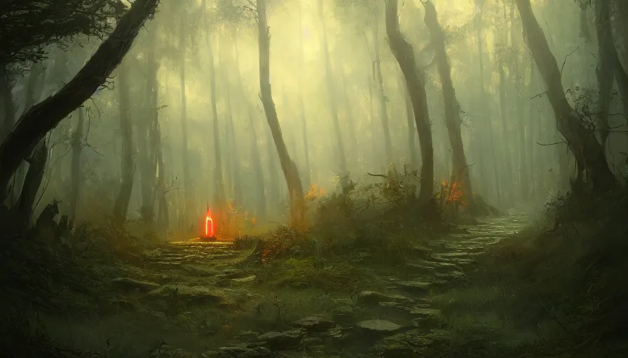 Image similar to A beautiful painting of a magic glowing portal to hell in a dying overgrown forest by greg rutkowski and Kalin Popov , Trending on artstation HD.