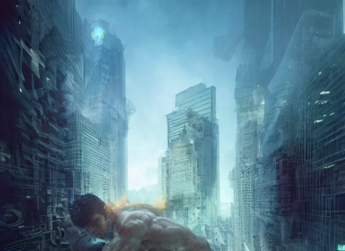 Image similar to seattle being attacked by henry cavill as a hulking herculean demon, by beeple and maciej kuciara and greg rutkowski