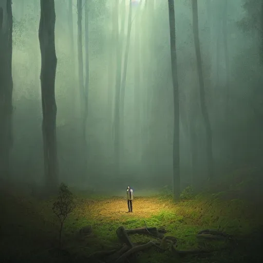 Image similar to a man standing in the middle of a forest, a detailed matte painting by mike beeple winkelmann, behance contest winner, magical realism, lovecraftian, concept art, reimagined by industrial light and magic