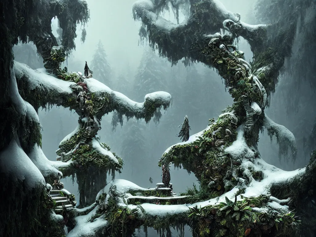 Image similar to ancient fallen god, lush trunda vegetation, snow :: by Michal Karcz, Daniel Merriam, Victo Ngai and Guillermo del toro :: ornate, dynamic, particulate, intricate, elegant, highly detailed, centered, artstation, smooth, sharp focus, octane render, 3d