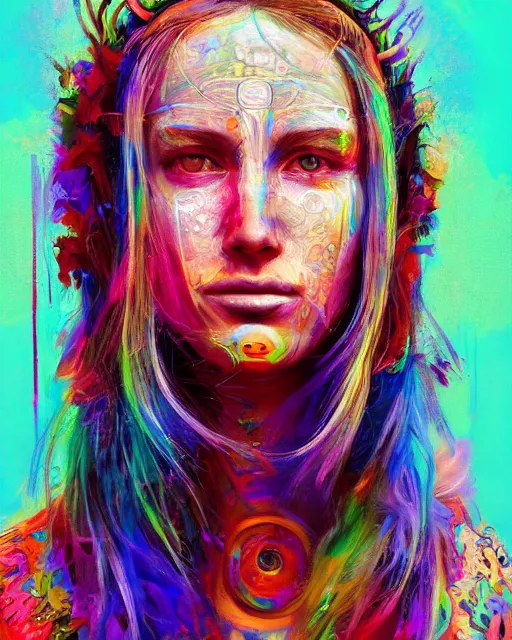 Prompt: colorful portrait of a hippie from the future, set in the future 2 1 5 0 | highly detailed face | very intricate | symmetrical | professional model | cinematic lighting | award - winning | painted by mandy jurgens | pan futurism, dystopian, bold colors, cyberpunk, groovy vibe, anime aesthestic | featured on artstation