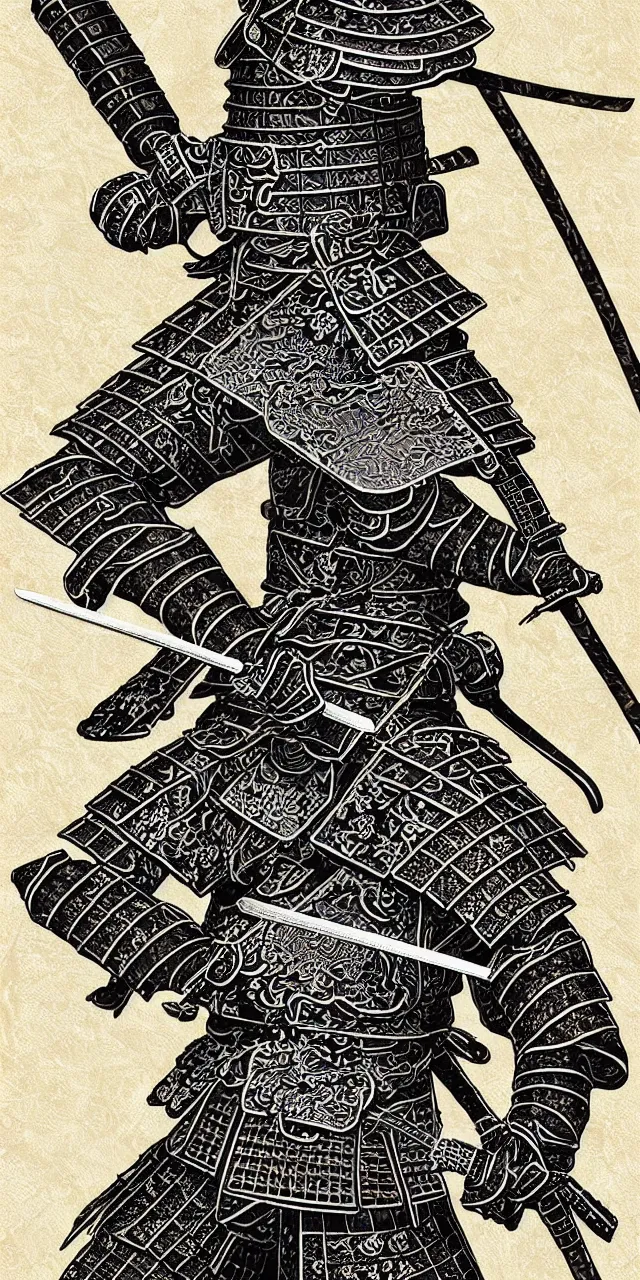 Image similar to detailed photorealistic ancient japanese samurai warrior soldier ⚔ 🪖 ⛩ with traditional japanese engravings and ornamentation on armour and weapons, and shining metallic 3 d surfaces, japanese calligraphy, damask pattern, wide angle, 3 d