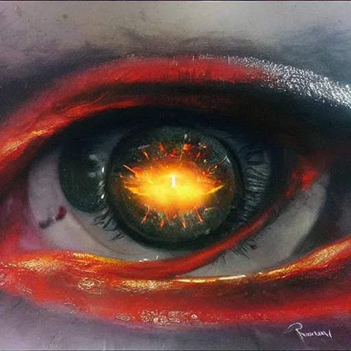 Image similar to eye of sauron looks over london by raymond swanland, highly detailed, bright tones