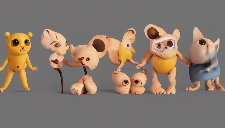 Image similar to very very very cute wooden toys by Max Kostenko and Bobby Chiu, baby creatures, disney, pixar, character design for animation, uplight, a lineup of characters, big disney eyes, symmetrical eyes, cuteness, 3d render, octane rendered, highly detailed, unreal engine, Trending on Artstation, octane render, 4k, 8k, HD