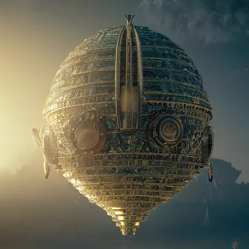 Image similar to enormous flying city in a faberge egg, sky, steampunk, fantasy art, masterpiece, hugh ferriss, octane render