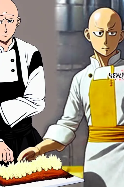 Image similar to chef saitama one punch man, dressed as a pastry chef, focused at making a cake, beautiful anime artwork