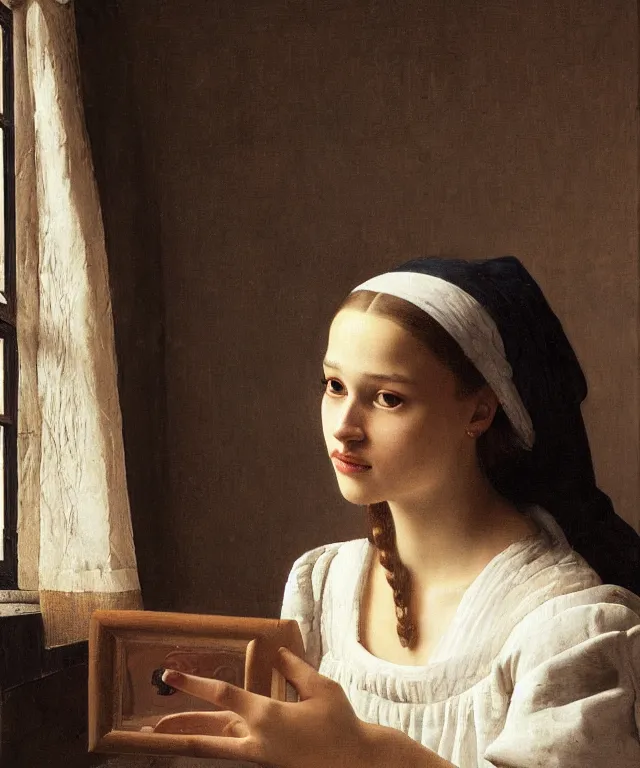 Image similar to a highly detailed, beautifully lit close portrait of a pretty, 1 4 year old alicia vikander resting her head on a table by an open window, oil painting portrait by vermeer and bouguereau and waterhouse