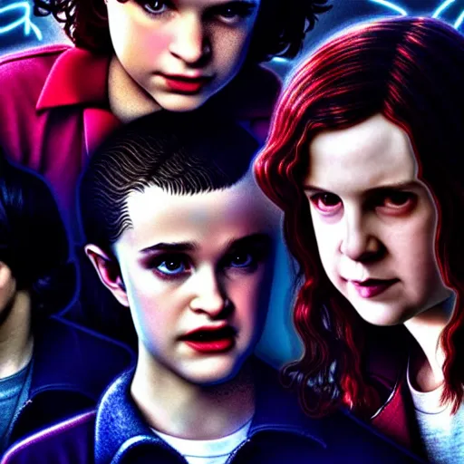 Image similar to Twilight cast in Stranger Things, Edward, Bella, photorealistic, dramatic lighting, soft, sharp focus