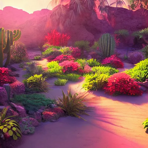 Image similar to a lush desert garden with bright colors, global illumination, dramatic sky and light rays, artstation