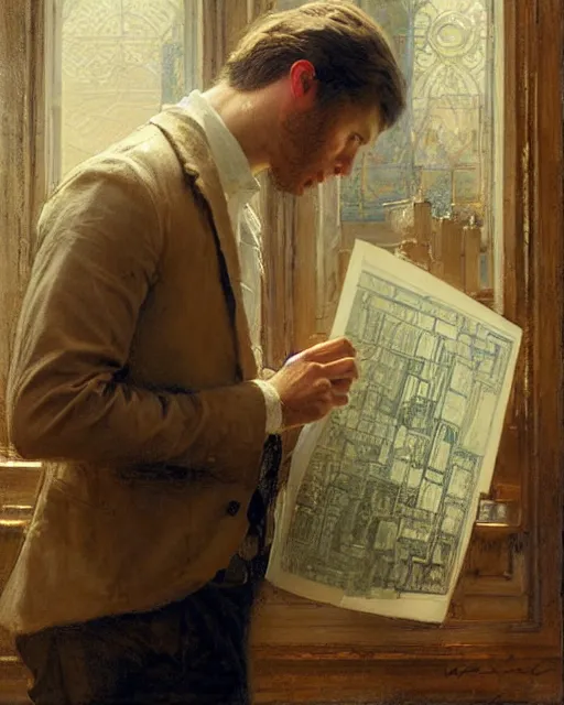 Image similar to very attractive male architect looks over blueprints of his latest work, melancholy, nostalgia, painting by gaston bussiere, craig mullins, j. c. leyendecker