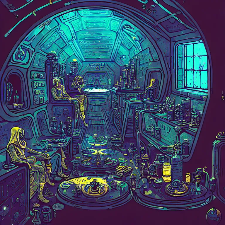 Image similar to ancient alchemist wizards laboratory inside of a spaceship, high details, lineart, by vincent di fate, inking, 3 color screen print, masterpiece, trending on artstation, sharp, high contrast, hyper - detailed, hd, 4 k, 8 k