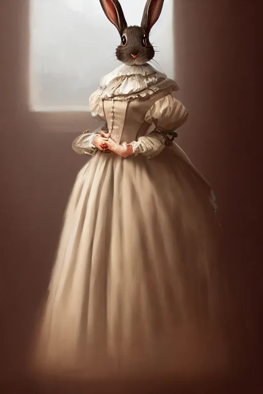Image similar to portrait of an anthropomorphic rabbit in a victorian - era ballgown, dramatic lighting, highly detailed, digital painting, artstation, concept art, smooth, sharp focus, illustration, art by wlop, mars ravelo and greg rutkowski