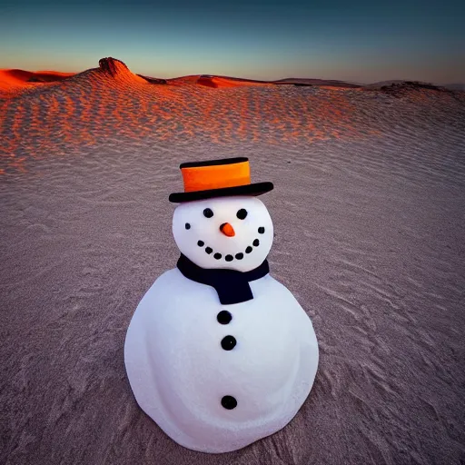 Prompt: a snowman is lost in the desert at sunset, he’s next to a sandcastle, beautiful photography, 8k, ambient light