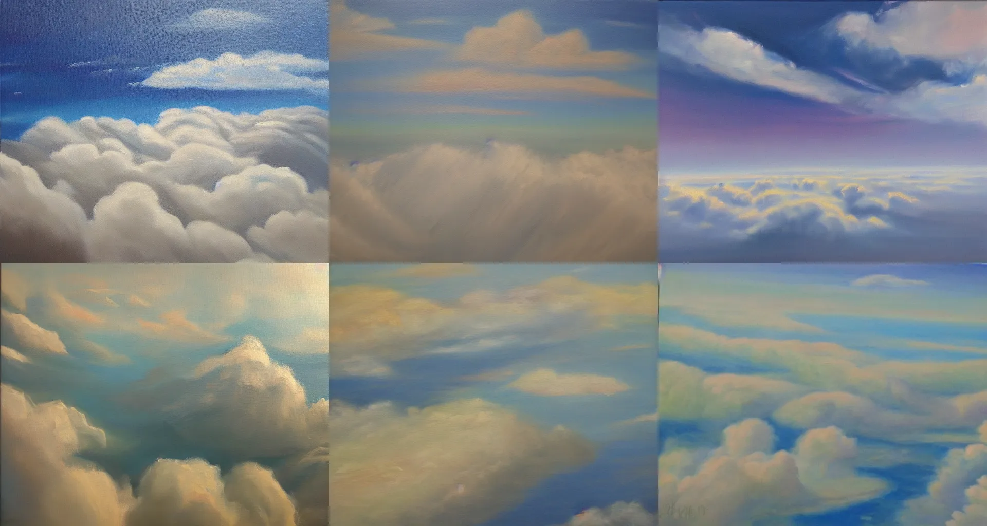 Prompt: oil on canvas painting view above the clouds