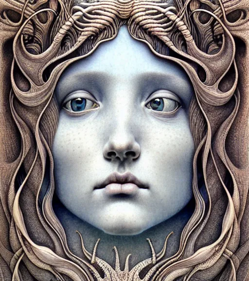 Image similar to detailed realistic beautiful beach goddess face portrait by jean delville, gustave dore, iris van herpen and marco mazzoni, art forms of nature by ernst haeckel, art nouveau, symbolist, visionary, gothic, neo - gothic, pre - raphaelite, fractal lace, intricate alien botanicals, ai biodiversity, surreality, hyperdetailed ultrasharp octane render