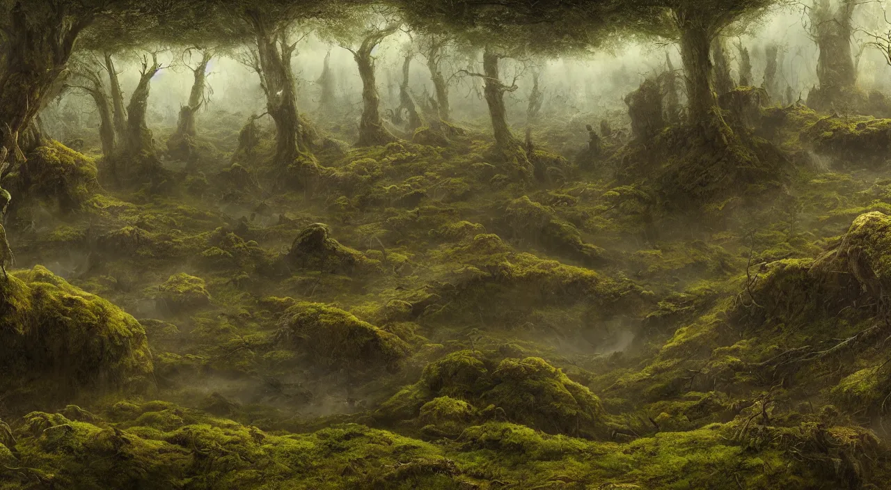 Image similar to Scene of a giant 65 year-old Gaia covered in moss, crying softly and humbly while crossing a dried up river in a panorama of a desolate land, highly-detailed, elegant, dramatic lighting, artstation, 4k, cinematic landscape