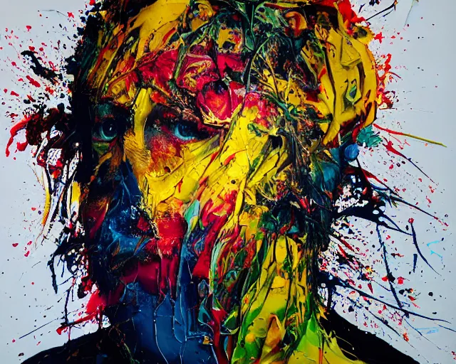 Image similar to abstract expressionist portrait of a head made of very thick impasto paint and acrylic pour and coloured powder explosion and splashing paint and dripping paint and flying paint chunks, eyes closed or not visible, expressing strong emotions, art by antony micallef, motion blur, hyperrealistic, intricate art photography, anatomically correct, realistic crisp textures, 1 6 k