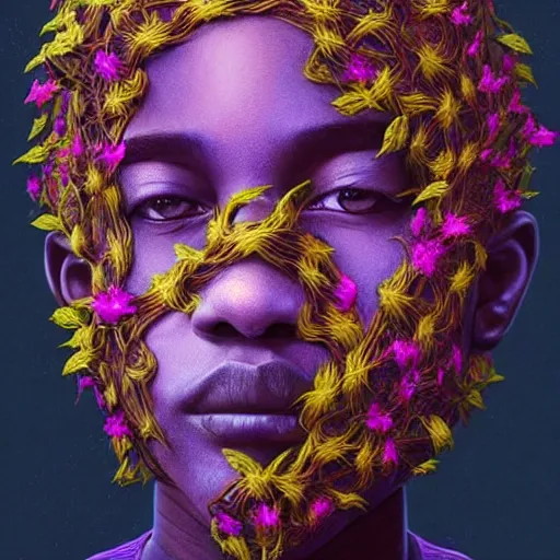 Image similar to colourful vfx art - portrait of nigerian boy wrapped in flowers & vines, art by zdzisaw beksinski & james jean, volumetric light, ray tracing, sharp, detailed, digital painting, illustration, highly detailed, intricate detail, unreal engine, octane render, global light, pinterest, behance, art station,