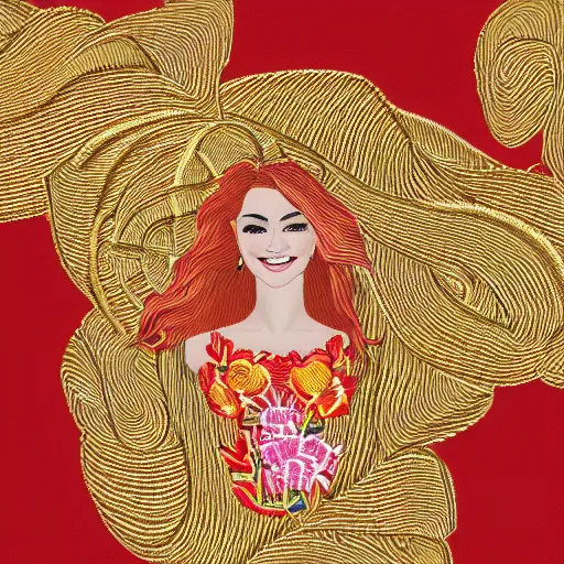 Prompt: Digital embroidery design of a beautiful young woman with red hair, smiling, clothes, Golden thread, golden details, intricate details, intricate patterns 4k, 35mm, f/1.4