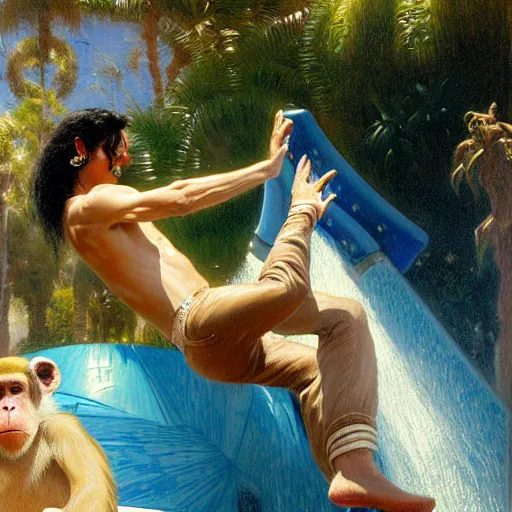 Prompt: michael jackson going down a waterslide with a monkey, highly detailed painting by gaston bussiere, j. c. leyendecker, greg rutkowski, craig mullins 8 k