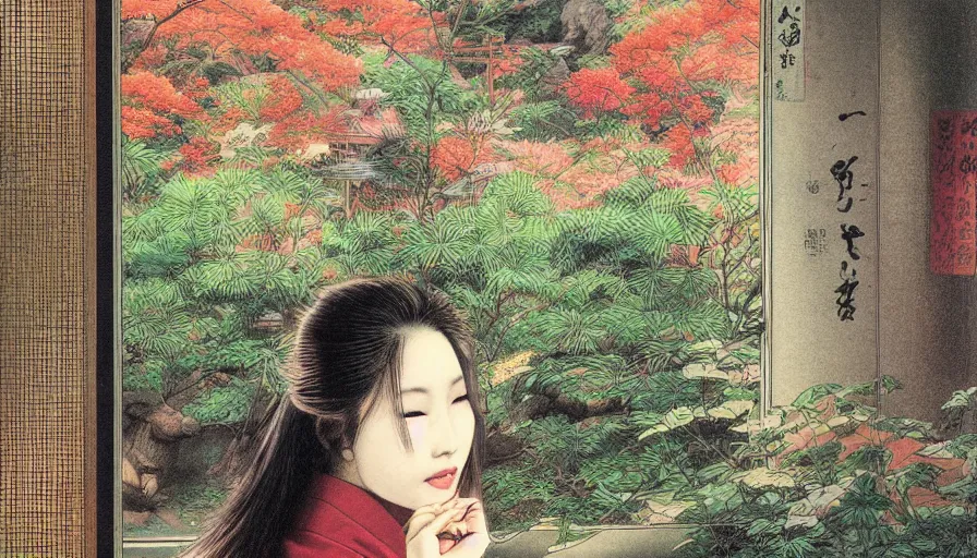 Image similar to noriyoshi ohrai painting of a beautiful girl in japan, looking out a window at a temple garden filled with yokai and spirits, uhd, high detail,