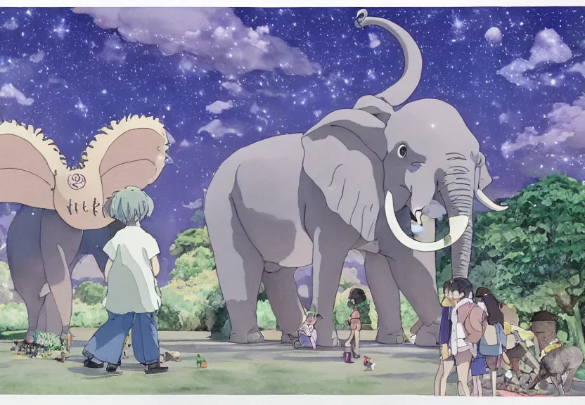 Image similar to a hyperrealist watercolor concept art from a studio ghibli film showing a giant grey dumbo the elephant. a hindu temple is under construction in the background in india on a misty and starry night. by studio ghibli. very dull muted colors