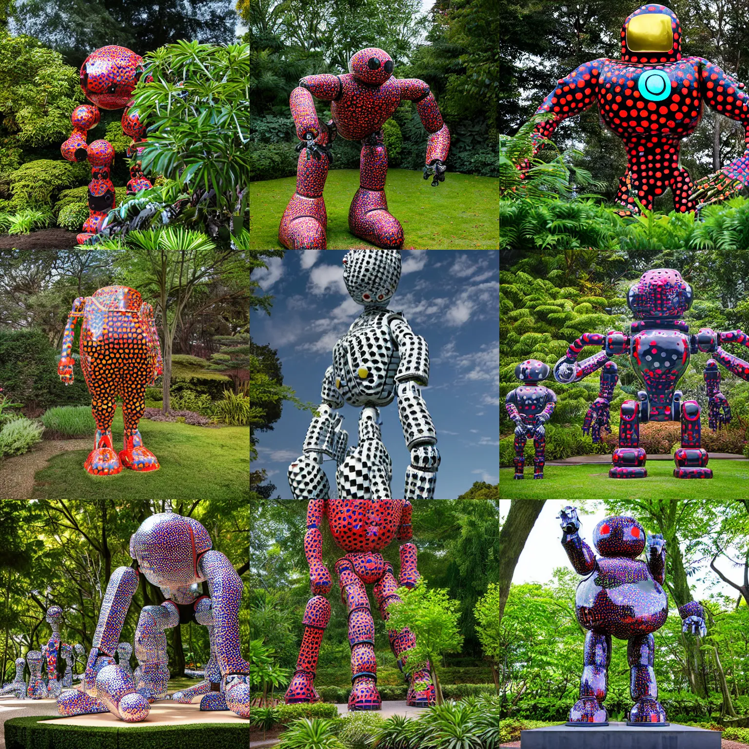 Prompt: Sculpture of a giant robot by Yayoi Kusama at the Botanical Garden, award-winning studio photograph