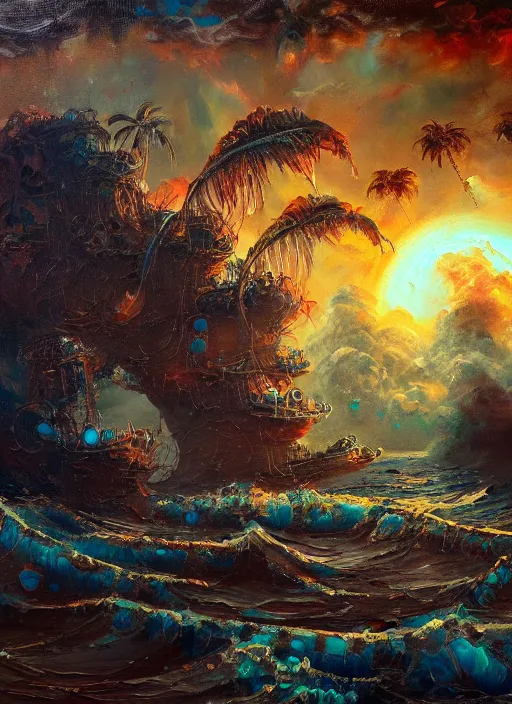 Prompt: oil painting with heavy impasto of a tropical pirate enclave, cosmic horror painting, elegant intricate artstation concept art detailed