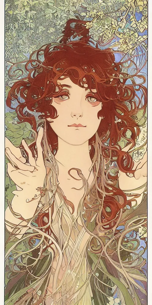 Image similar to Ethereal elven goddess of autumn leaves and first snow. Manga artbook illustration by CLAMP and Alphonse Mucha.