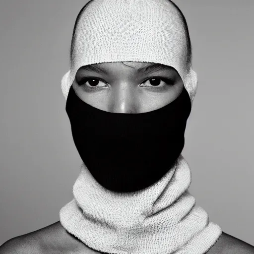 Image similar to realistic photoshooting for a new balenciaga lookbook, color film photography, portrait of a beautiful woman, model is wearing a balaclava mask, in style of tyler mitchell, 3 5 mm,