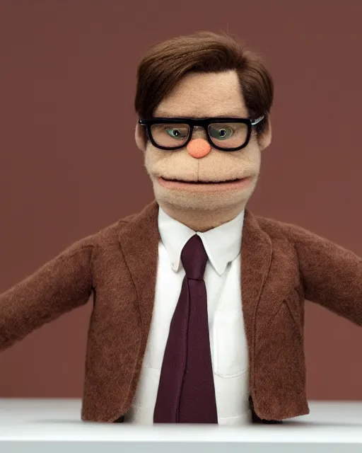 Image similar to dwight schrute with brown suit as a muppet. highly detailed felt. hyper real photo. 4 k.