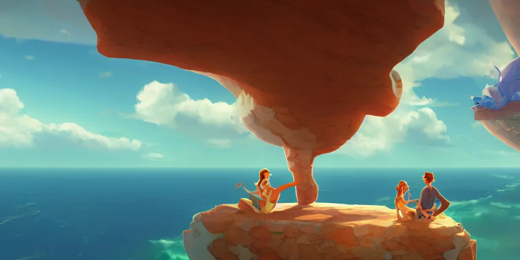 Prompt: a loving couple sitting on a cloud very in the sky above the Caribbeans, mattepainting concept Blizzard pixar maya engine on stylized background global illumination lighting artstation in the style of The Road to El Dorado