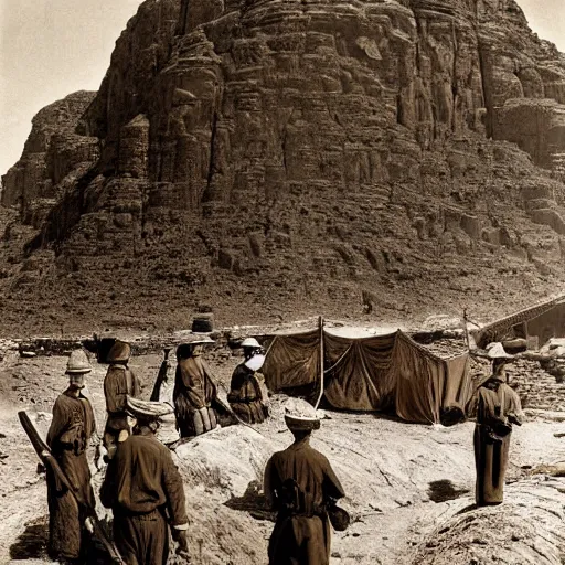 Image similar to ultra detailed photorealistic sepia - toned photo from 1 9 1 7, 5 clean - shaven british soldiers standing with bedouin traders in traditional arab garb, at an archaeological dig site in wadi rum, ultra realistic, painted, intricate details, lovecraft, atmospheric, dark, horror, brooding, highly detailed, by clyde caldwell