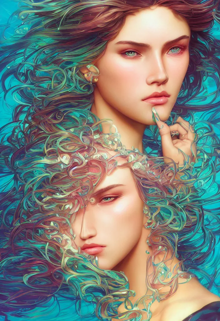 Image similar to beautiful, young woman, detailed gorgeous face, vaporwave aesthetic, synthwave, water waves, colorful, psychedelic, artstation, concept art, smooth, extremely sharp detail, finely tuned detail, ultra high definition, 8 k, unreal engine 5, ultra sharp focus, illustration, art by artgerm and greg rutkowski and alphonse mucha