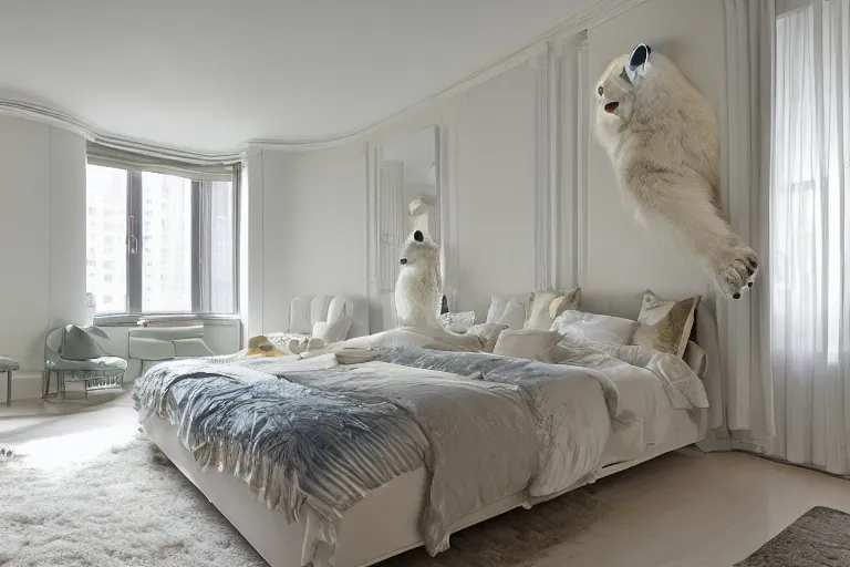 Prompt: A sunny bedroom, exquisite decoration, all New York Apartments style furniture, polar bear, high tech