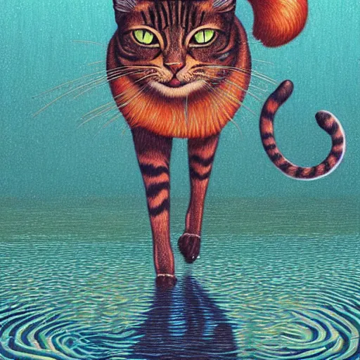 Prompt: full shot of a cat walking on water and Casey Weldon and Chie Yoshii, rich colors, intricate, elegant, highly detailed, centered, digital painting, artstation, concept art, smooth, sharp focus, illustration