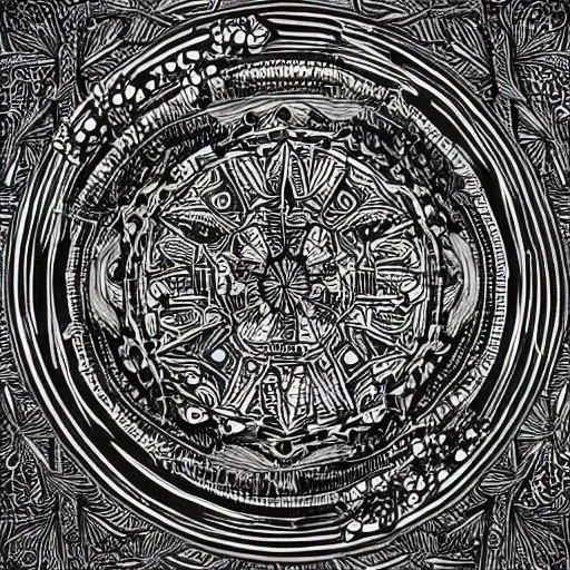 Image similar to Down with my demons black paper, an intricate old fashioned depiction, elaborate ink illustration, symmetry