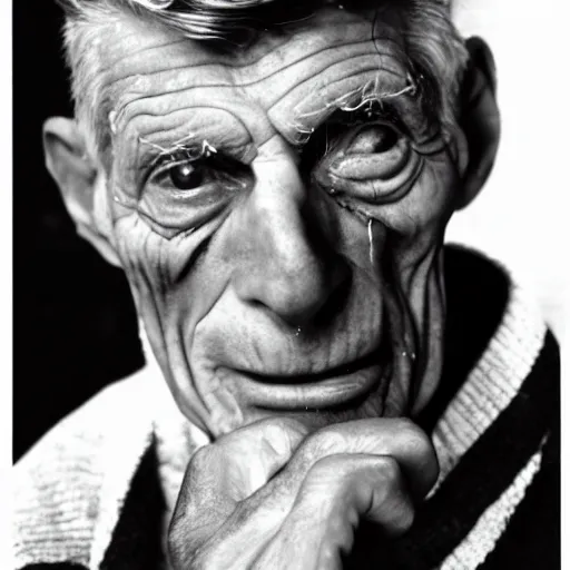 Prompt: samuel beckett's face on a juicy leg of ham