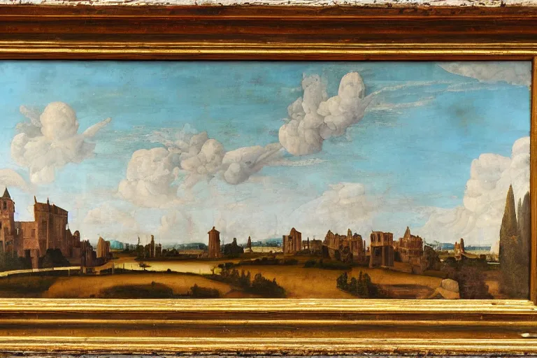 Image similar to an oil painting of a renaissance palace, clouds in the sky