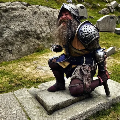 Image similar to A Dwarf clad in armor kneeling down in front of a gravestone near the edge of a cliff that overlooks a small village, breathtaking shot, award winning, medieval fantasy illustration, dark atmosphere